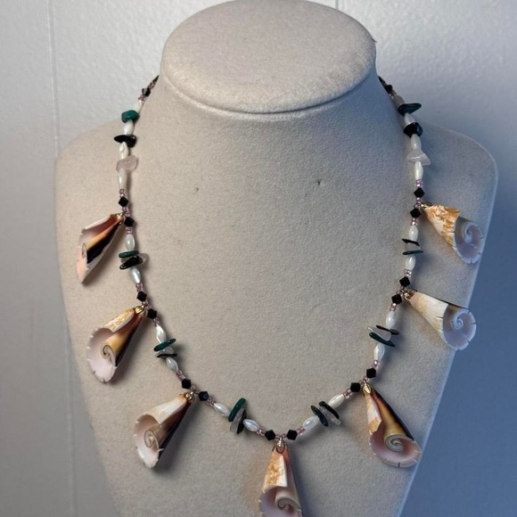 Handmade Shell Fringe Statement Necklace Gemstone Beaded Coastal Boho Beach - Picture 5 of 8